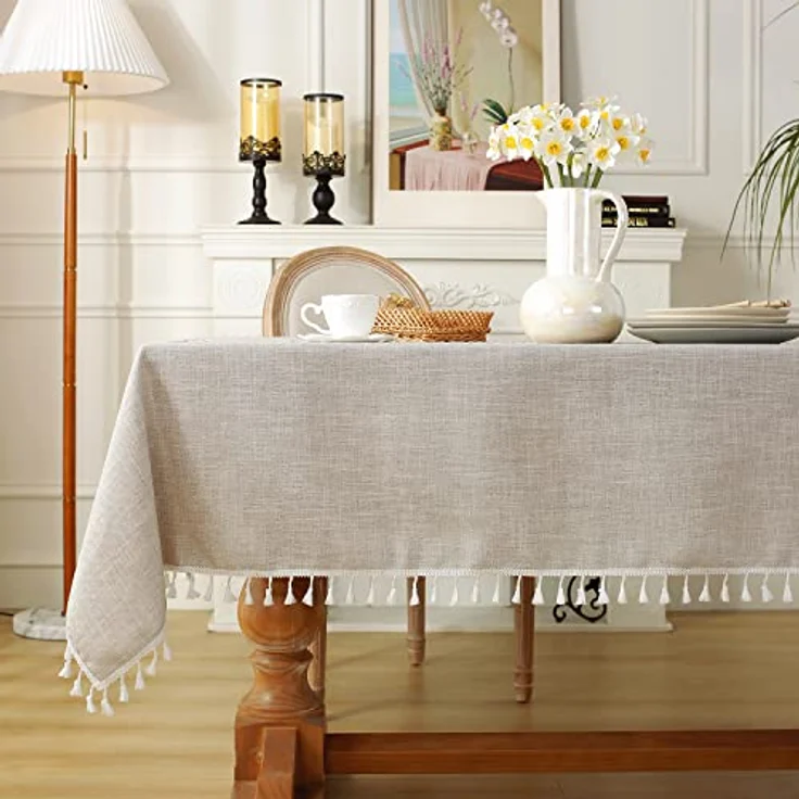 Laolitou Rustikale Tischdecke, Baumwollleinen, wasserdicht, Jute-Tischdecken für Küche, Esszimmer, Tischdecke für rechteckige Tische, Kaffee-Linien, rechteckig, 140x178 cm, 4–6 Sitze – Bild 8