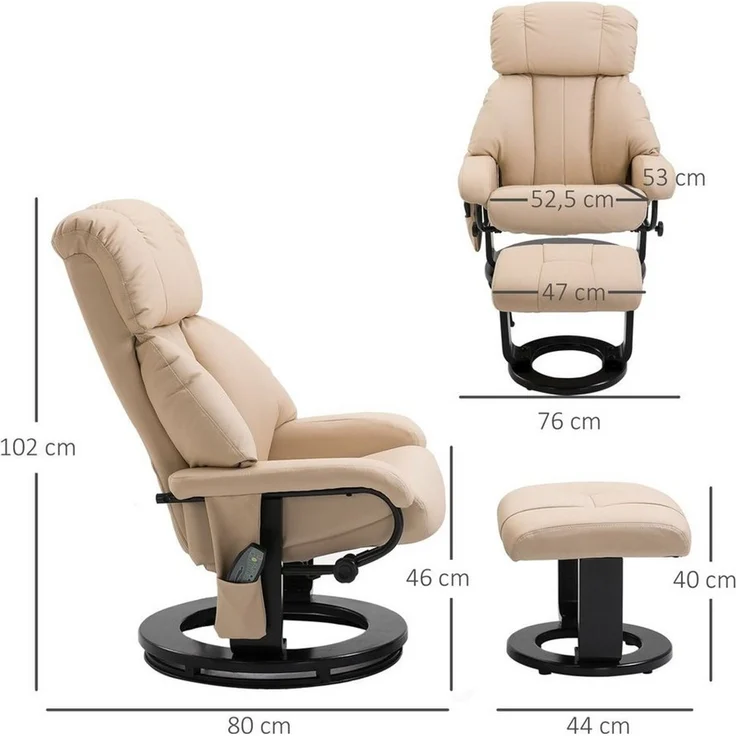 HOMCOM Massagesessel Fernsehsessel, Hocker, aus Kunstleder, Kann sitzen, um 360° drehen (Liegesessel, 2-St, Relaxliege), für Wohnbereich, Cremeweiß – Bild 2