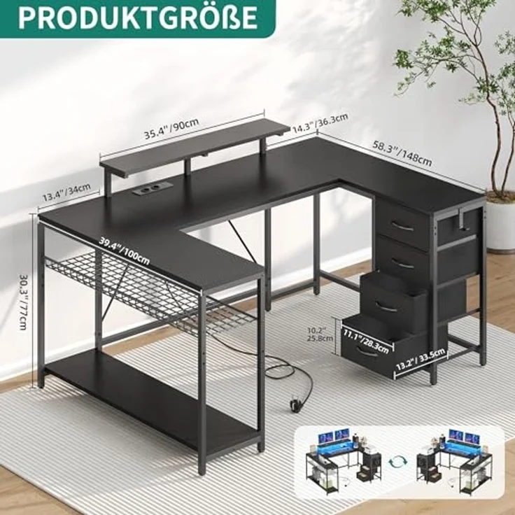 YITAHOME Gaming Tisch mit Steckdosen & LED-Lichter, Computer Schreibtisch mit Schubladen & Stauraum, Reversibler Eckschreibtisch mit Regalen, Computertisch für Home Office, 158 x 100 cm, Schwarz – Bild 3
