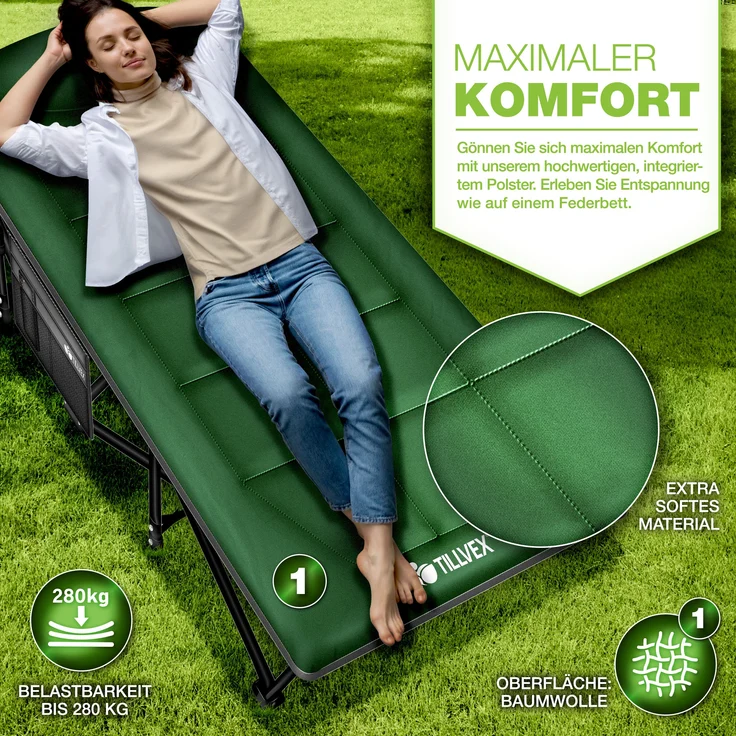 tillvex® Campingbett Grün 210 x 80 x 40 cm klappbar mit Tragetasche bis 280 kg | Campingliege extra breit | Feldbett Karpfenliege für Outdoor & Indoor | Klappbett Gästebett faltbar Garten Camping Angeln Festival Reise – Bild 8