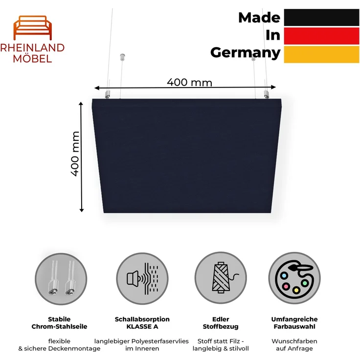 Rheinland Möbel FocusWall DAQ0404 – Quadratischer Akustik-Deckenabsorber 40×40 cm in Stofffarbe Costa inkl. Chrom-Stahlseilen - Made in Germany - Klasse A, Stoffbezug, schwer entflammbar – Bild 2