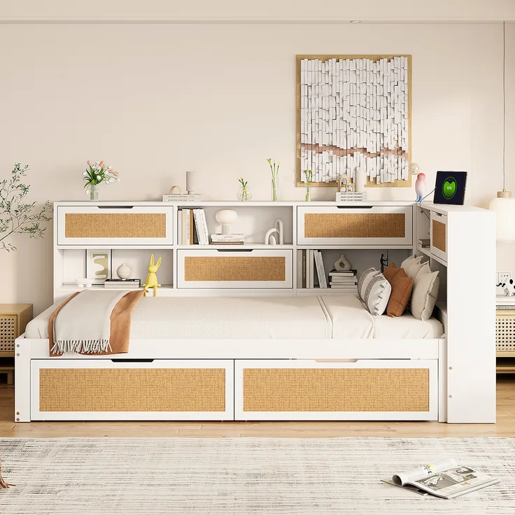 Schlafsofa aus Massivholz 90 x 200 mit Schublade Multifunktionales Einzelbett Kinderbett mit vielen Staufächern und Ladeanschluss Weiß
