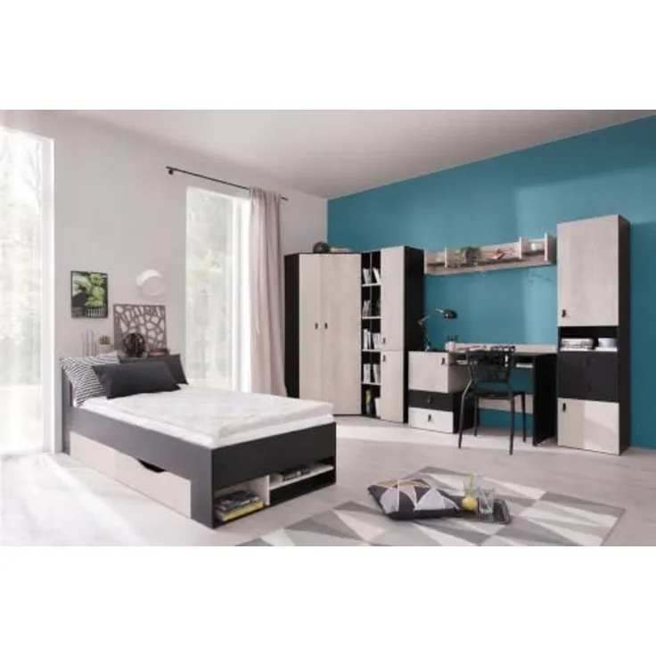 Jugendzimmer Spuki in Schwarz, Eiche & Beige in 4 Varianten oder als Einzelmöbel - 8 teilig , Eckkleiderschrank + Regalschrank groß + Schreibtisch + Wandregal 1 + Standregal + Jugendbett 90x200cm mit belüfteter Matratzenauflage + Matratze