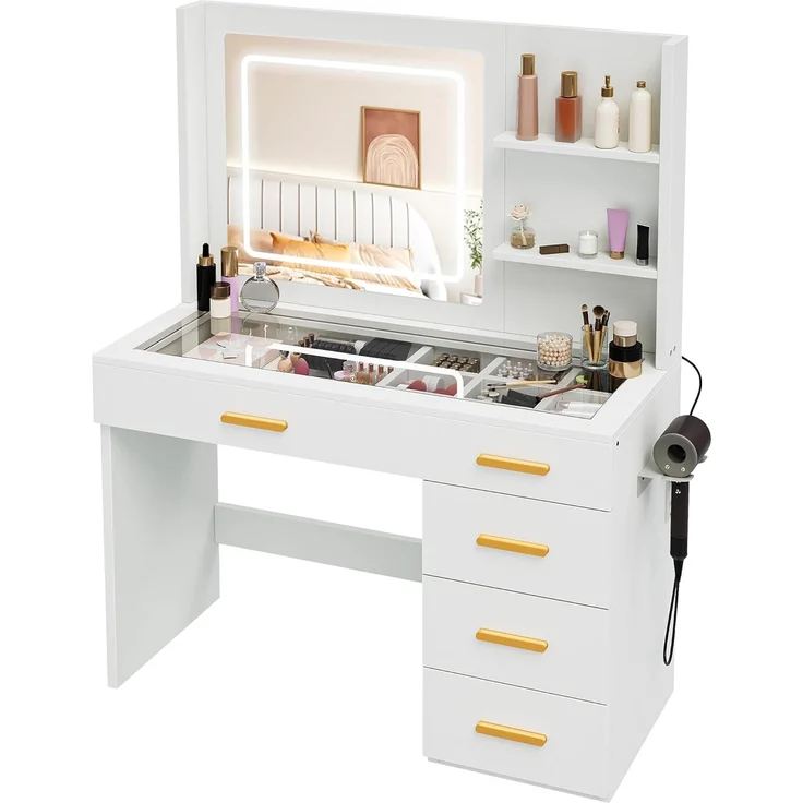 YITAHOME Schminktisch mit Beleuchtung, Dressing Table mit Spiegel Schminktische mit Hocker Farben mit Einstellbarer Helligkeit, Frisiertisch mit 5 Schubladen Offenen Fächern Vanity Table weiß – Bild 7