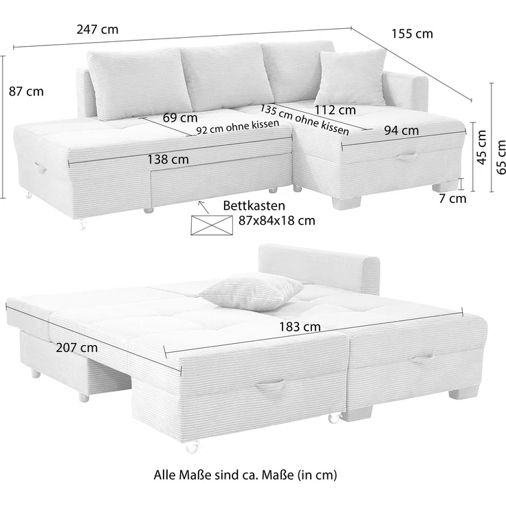 Ecksofa Schwenkfunktion Doppelbett Schlafcouch Bettkasten Cordbezug in Schwarz – Bild 8