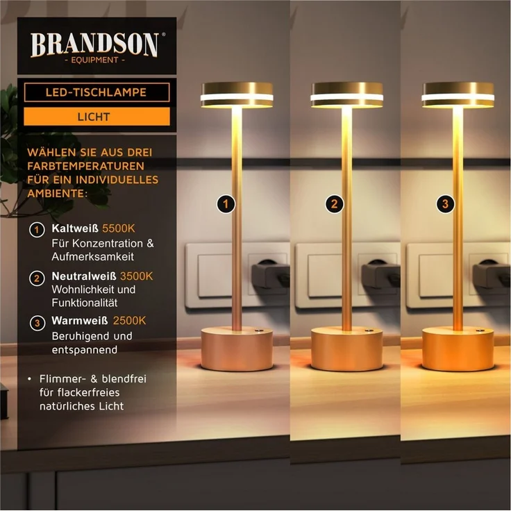 Brandson LED Tischleuchte Tischlampe, stufenlos dimmbar, 3 Lichtfarben, Akku 3600 mAh, Touch, Dimmfunktion, Ein-/Ausschalter, Farbwechsel, mehrere Helligkeitsstufen, LED fest integriert, Kaltweiß, Neutralweiß, Warmweiß, Tischlampe kabellos, USB-C, Schr... – Bild 2