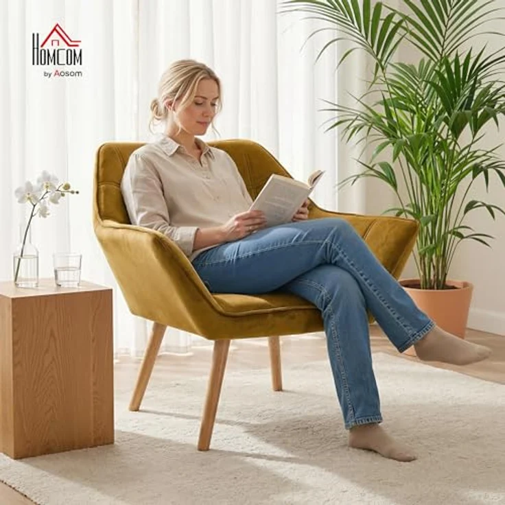 HOMCOM Relaxsessel Polstersessel mit Samtoptik, skandinavisch (Esszimmerstuhl, 1-St, Stuhl), für Wohnzimmer, Schlafzimmer, Gelb – Bild 4