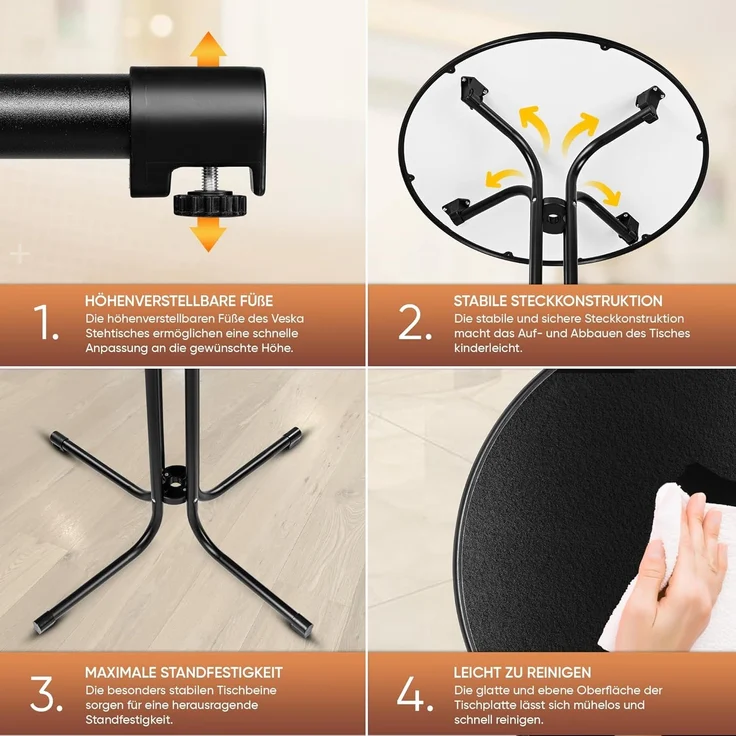VESKA Stehtisch Ø 80cm inkl. Husse, Gastro Bistrotisch (klappbar Indoor & Outdoor, höhenverstellbare Füße, Klapptisch rund), Partytisch, Empfangstisch, Gartentisch wetterfest – Bild 5