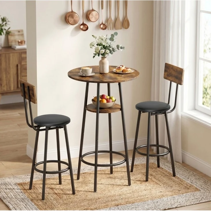 Bartisch-Set für 2 mit Ablageregal, gepolsterten Hockern und Rückenlehnen, 60x60x91 cm, Rustikalbraun – Bild 2