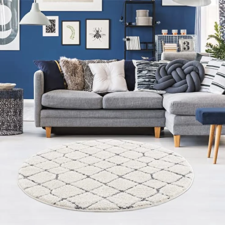 Teppich Rund - Hochflor - Boho - Pastell Cream Grau - 160x160cm - Modern Raute Muster - Skandinavisch Flauschig Weich - Wohnteppich Schlafzimmer Dekoration – Bild 7