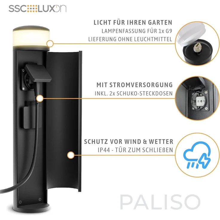 SSC-LUXon LED Gartenstrahler PALISO Energiesaeule mit Licht und 2 Steckdosen fuer Aussen - schwarz – Bild 4