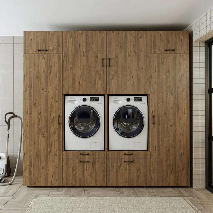 Roomart Waschmaschinenschrank SERIE 2 – 254 cm breit, Doppelschrank mit Seitenschränken, • Eiche – Bild 4