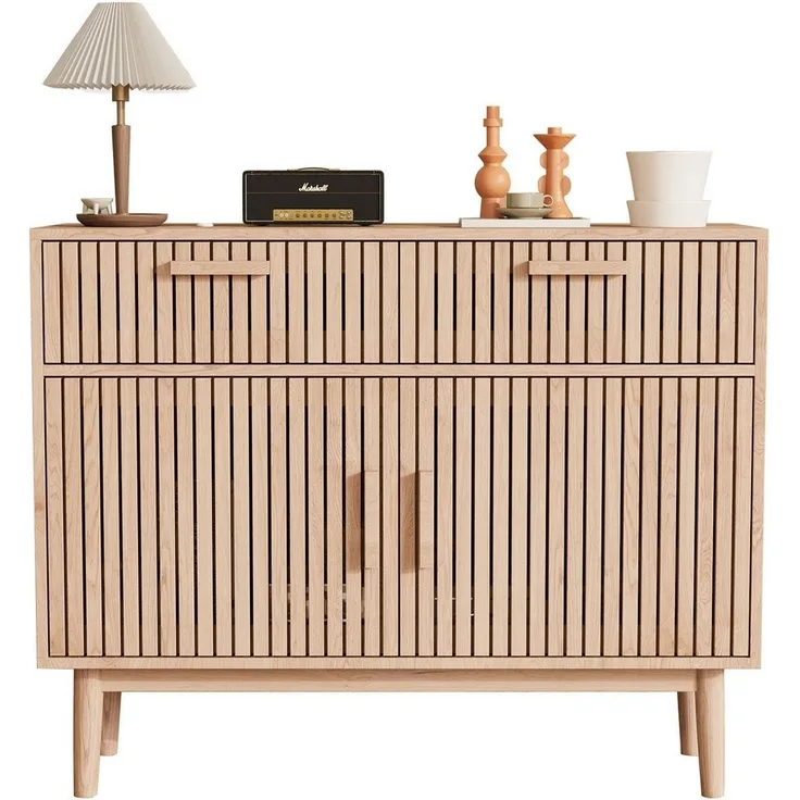 FUROKOY Sideboard Kommode Holz Mit rutschfesten Tischbeinen und Kippschutzvorrichtung, 100x35x80 cm,2 Schubladen und 2 Türen,Geräuscharmem Dämpfungsschlitten