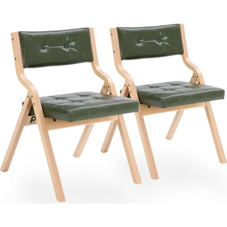 SeedWave Esszimmerstuhl 2er Set Klappstühle Kunstleder Faltstuhl mit Gebogenem Holzgestell (2er Set), Vintage-Lederoptik Folding Chair mit Knopfheftung, 130 kg belastbar