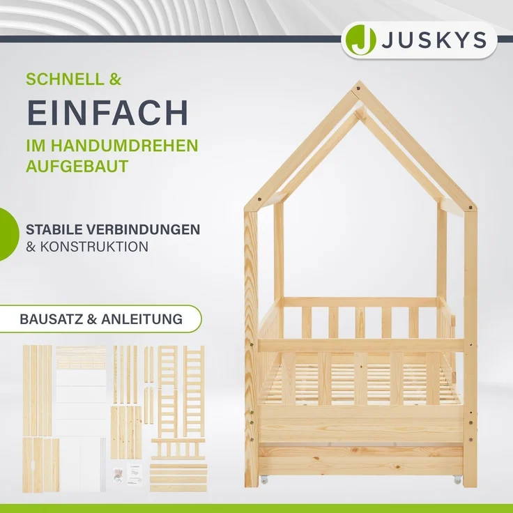 Juskys 'Marli' Hausbett mit Matratze, Bettkasten, Rausfallschutz & Lattenrost, massives Kiefernholz natur, 90 x 200 cm – Bild 3