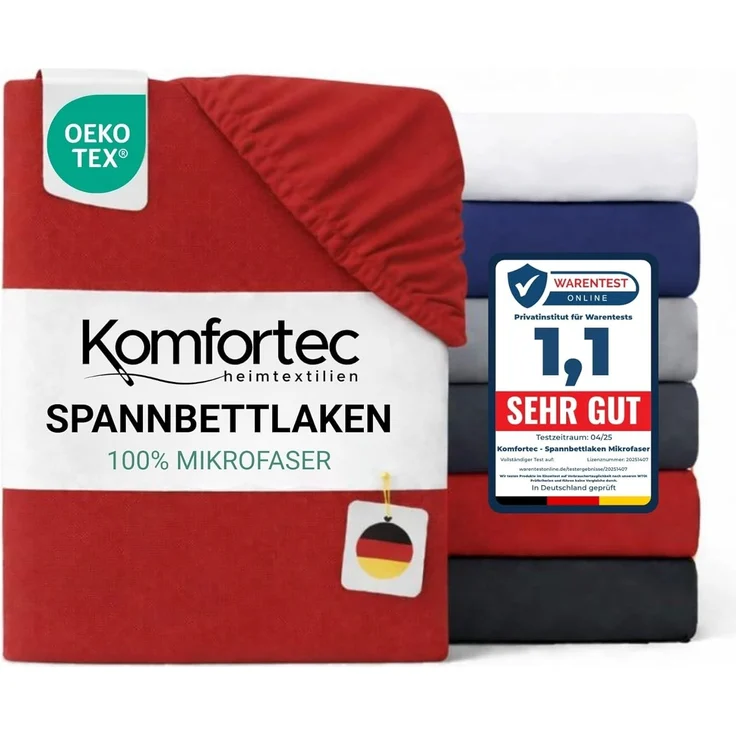 Komfortec Mikrofaser Spannbettlaken 180x200 cm – Weiches Spannbetttuch mit Rundumgummi – Fitted Sheet für Matratzen bis 30 cm – Rot – Oeko-Tex – Pflegeleicht & Hautfreundlich – 90g/m² – Bild 1