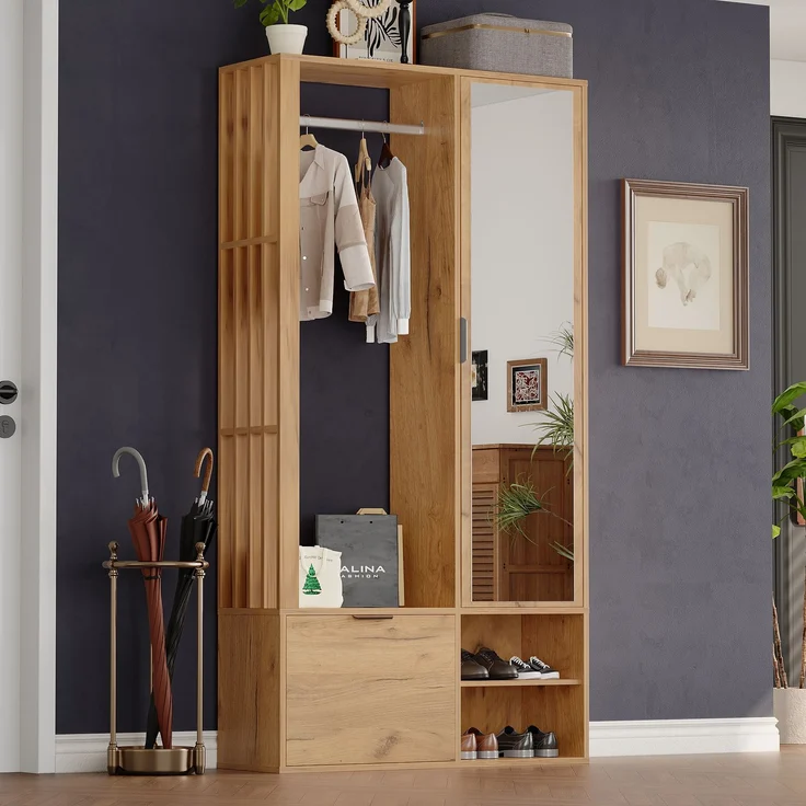 100*33*190cm garderobenschränke mit flur,6-in-1-Eingangsschrank, zum Aufhängen von Mänteln,Flurschrank mit Wäscheständer ,Garderobenschrank und Spiegel, Breite 100 cm,Schrank mit unterer Tür,Holzfarbe--Natürlich--100x33x190cm--YOUDENOVA – Bild 2