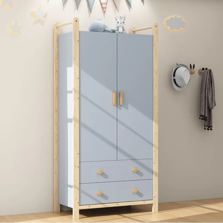 CHICFURN Kleiderschrank-Set 2-tlg. 160x180,5x44 cm mit Kleiderstange und Schubladen – Blau/Natur – Bild 5