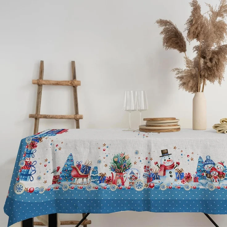 PENSIERI DELICATI, Rechteckige Tischdecke, 100% Panama-Baumwolle, 250x145 cm, Blau, Schneemann-Muster, Hochauflösender Digitaldruck, Für 12 Personen