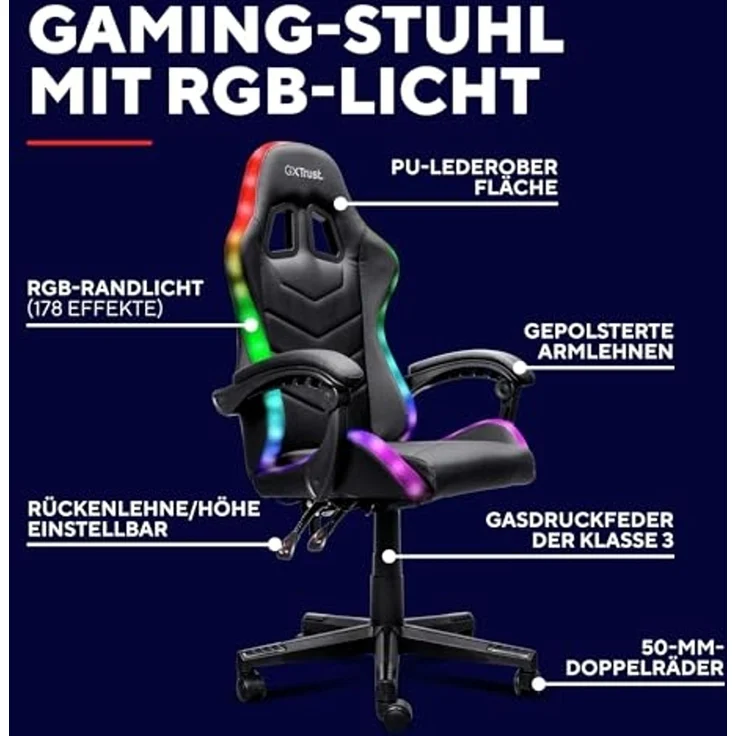 GXTrust 704 Roniq Gaming Stuhl LED, 178 Farben und Effekten, Gepolsterte Armlehnen, Verstellbare Höhe und Rückenlehne, Gaming Chair Schreibtischstuhl mit RGB-Beleuchtung, Schwarz – Bild 4