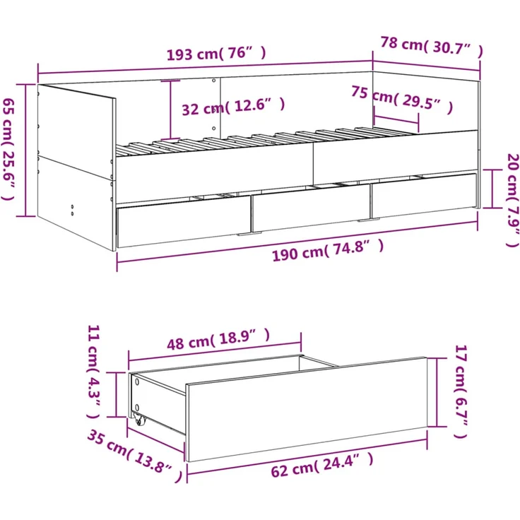 vidaXL Tagesbett mit Schubladen ohne Matratze Grau Sonoma 75x190 cm 3280837 – Bild 10