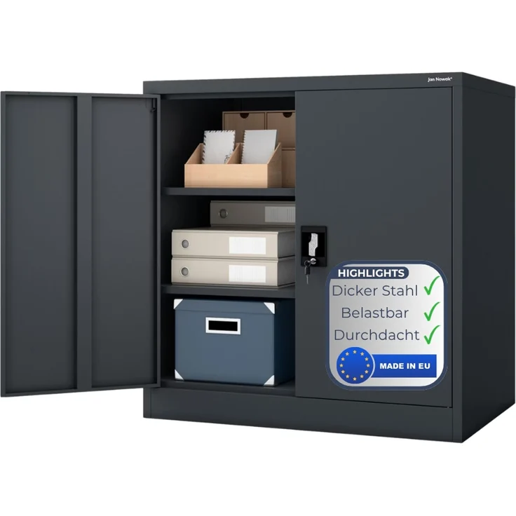 Aktenschrank abschließbar KADO - 3 Ebenen verstellbar, Flügeltüren | Metallschrank Werkstatt Mehrzweckschrank Büroschrank aus Stahl Werkzeugschrank, 93 x 90 x 60 cm Anthrazit – Bild 1