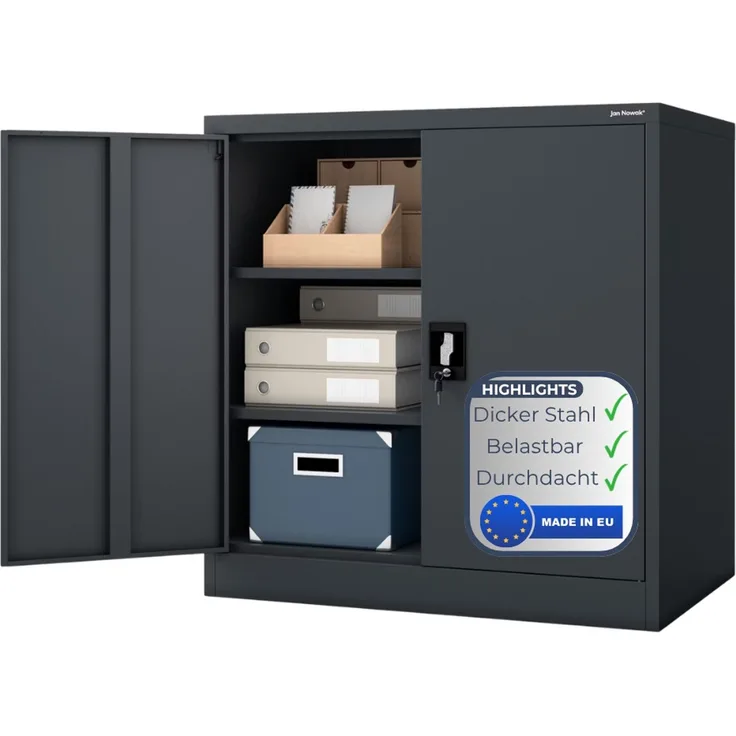 Aktenschrank abschließbar KADO - 3 Ebenen verstellbar, Flügeltüren | Metallschrank Werkstatt Mehrzweckschrank Büroschrank aus Stahl Werkzeugschrank, 93 x 90 x 60 cm Anthrazit