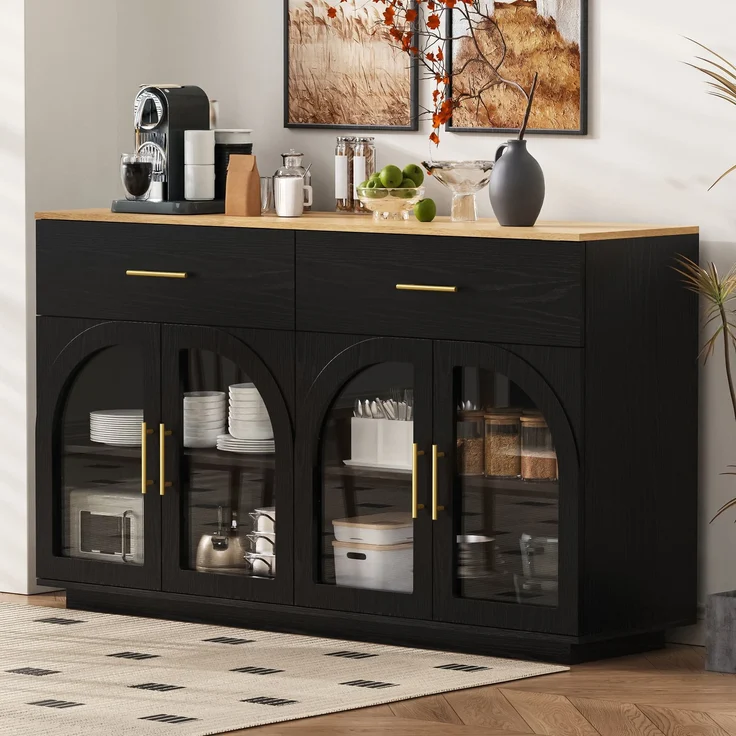 Sideboard 147 x 40 x 86 cm aus MDF und Spanplatte, mit LED-Beleuchtung, Schwarz und Natur – Bild 3