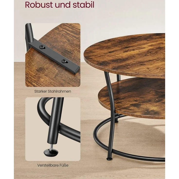 Vasagle Couchtisch rund mit Ablage, Metall/Holz Vintagebraun-schwarz, 45 x 80 x 80 cm – Bild 3