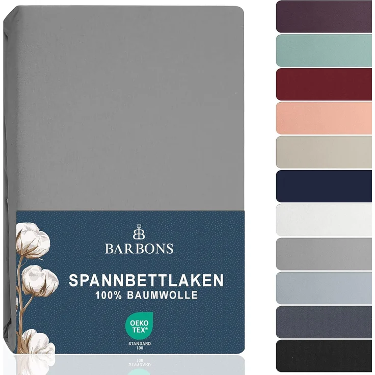 BARBONS Spannbettlaken 90x200 cm - 100% Baumwolle Spannbetttuch Oeko-TEX Zertifiziert Bettlaken Jersey Bettwaren und Bettbezug für Boxspringbett und Dicke Matratzen bis 27 cm - Hellgrau 90x200 – Bild 1