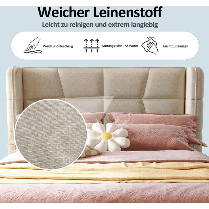 EINHOM Polsterbett 90 x 200 cm, Kinderbett mit Lattenrost, Kopfteil und Pneumatischem Stauraumsystem, Leinenrahmen, Geeignet für Kinder und Jugendliche, Beige, (Ohne Matratze) – Bild 5