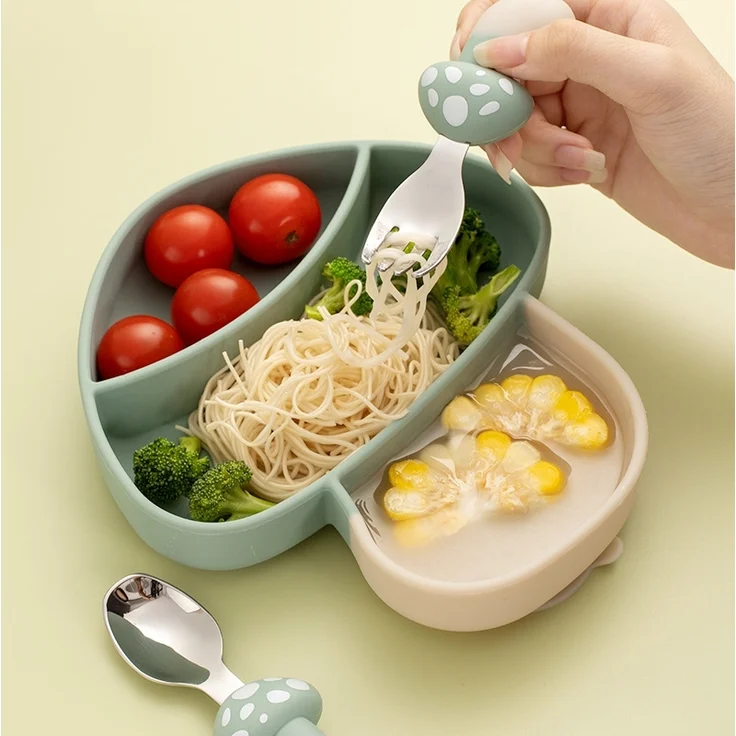 ABC Silikonlöffel für Babys, Babynahrungsbesteck, pilzförmiges Geschirr aus Edelstahl 304 – Bild 2