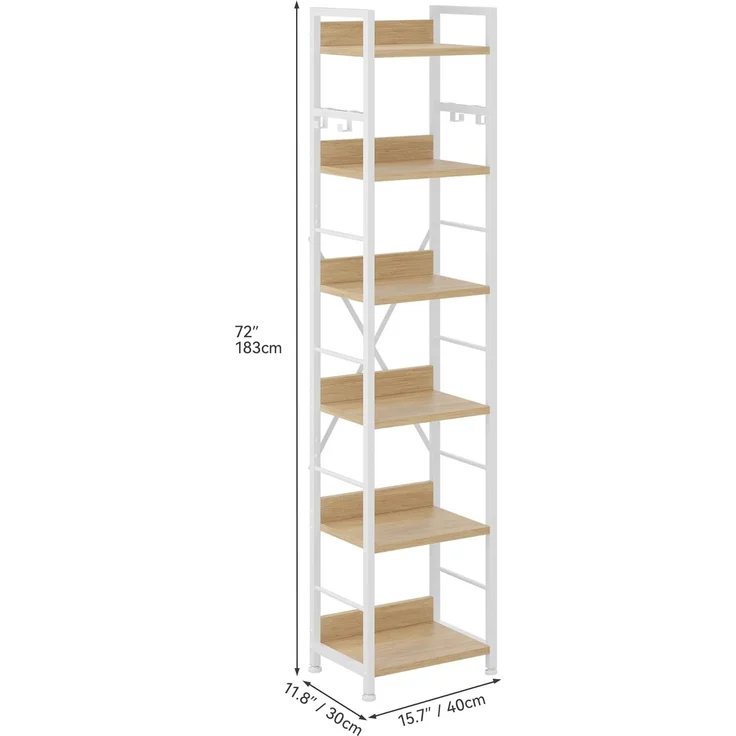 YITAHOME Bücherregal mit 6 Ebenen, Industrielles Standregal, Metallrahmen und Holzregale, Hohes Lagerregal mit 4 Haken, Präsentationsorganizer, für Wohnzimmer, Heimbüro, Weiß und Eiche Regal – Bild 5