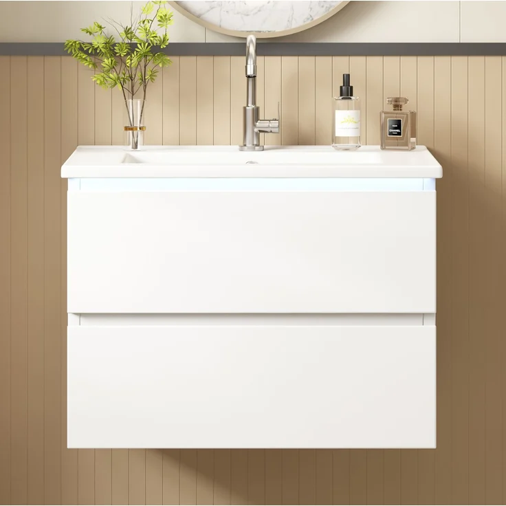 Wandhängender Waschtisch mit Keramikbecken, LED-Sensorlicht & 2 Schubladen, 61x46x45 cm, Weiß – Bild 2