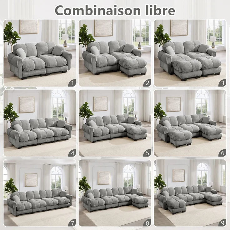 U-förmiges 2-Sitzer-Sofa mit beweglichen Hockerelementen, gesteppter Chenillebezug und dicke Polster, Wohnlandschaft für Wohnzimmer, Hellgrau – Bild 4