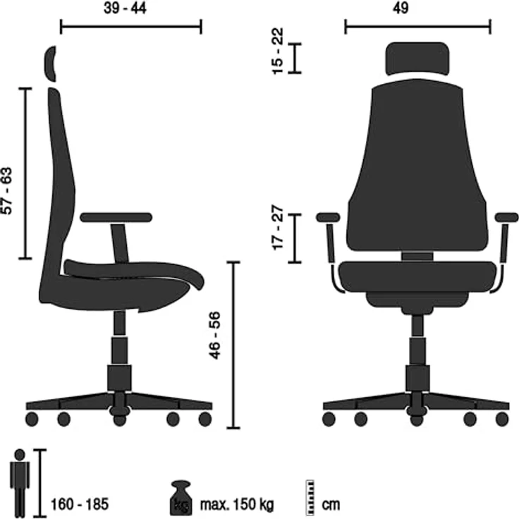 MID.YOU Drehstuhl Schwarz, Echtleder mit Armlehnen, ergonomische Rückenlehne, 78x117 - 136x64 cm – Bild 3