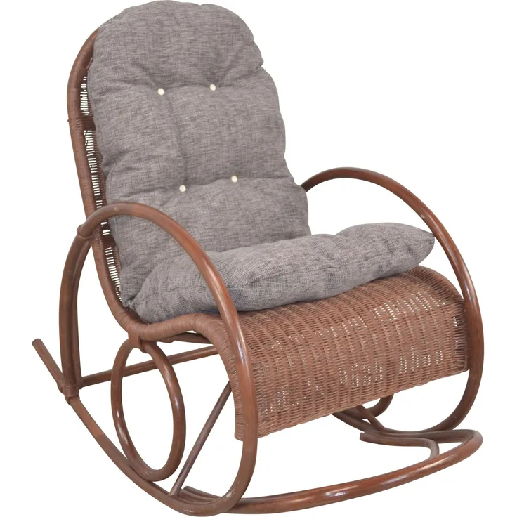 Schaukelstuhl aus Rattan handgefertigt, braun, Kissen braun