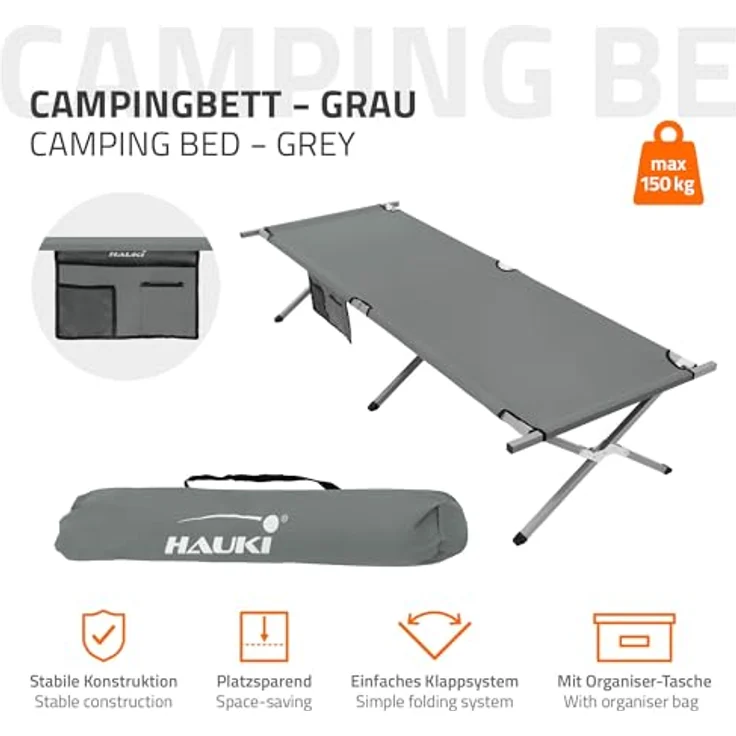 Hauki Feldbett Campingbett klappbar mit Tragetasche Belastbarkeit bis 150 kg Gästebett 210x83x46 cm Grau XL Klappbett für Reisen Metallrohr – Bild 3