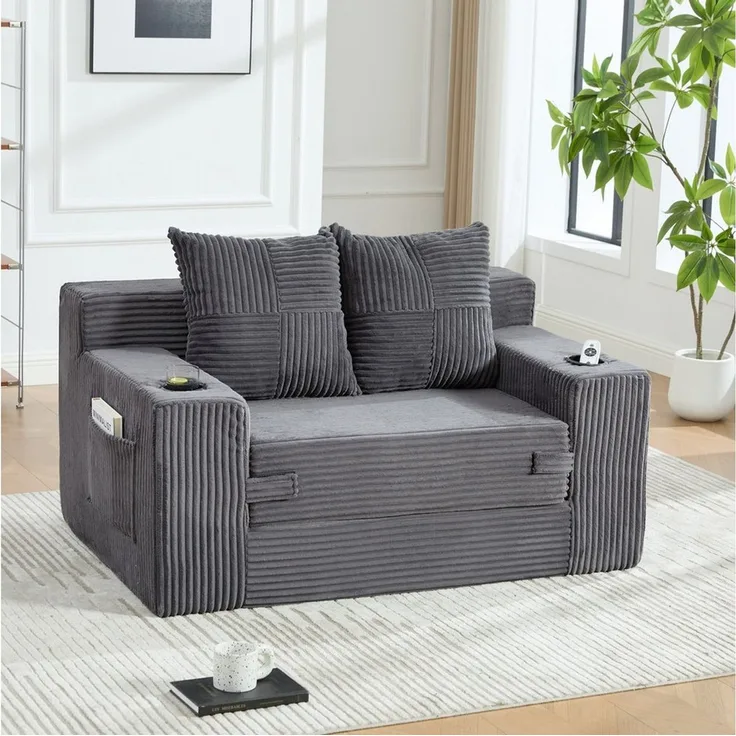 i@home 2-Sitzer Cordstoff Doppelsofa 133cm, 2-Sitzer Sofa ohne Montage, Relaxsofa, Set 1 Teile, rahmenloser Design mit Rückenlehne, großes Sitz,151 x 133 x 64 cm, grau