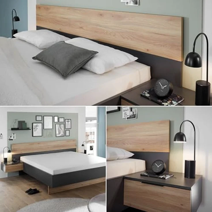 Stella Trading ASKA Stilvolle Doppelbett Bettanlage mit Nachtkommoden 180x200 cm - Schlafzimmer Komplett-Set in Graphit, Mauvella Eiche Optik - 285 x 95 x 205 cm (B/H/T) – Bild 8