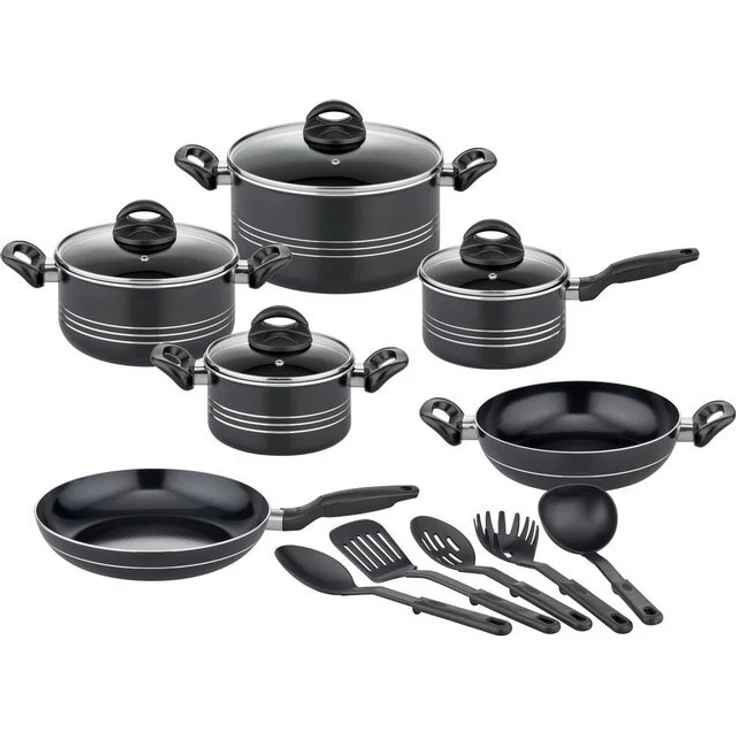 GSW Topf-Set Milano Nero, Aluminium (Set, 15-tlg, je 1 Kochtopf 16/20/2 cm, 1 Stielkasserolle 16cm, je 1 Pfanne 24/28cm), Induktion, inkl. 5-teiliges Küchenhelfer-Set – Bild 4