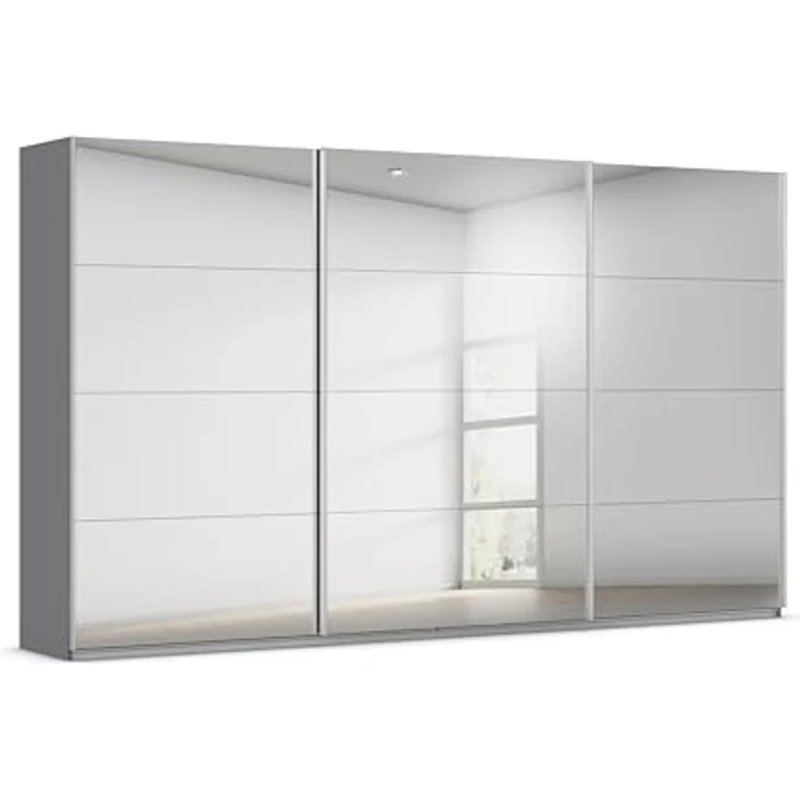 Rauch Möbel Kulmbach, Kleiderschrank mit Schwebetüren für Schlafzimmer, Kinderzimmer, Jugendzimmer, Garderobe, Flur, 3-türig, mit Spiegel, Zubehör Classic, Farbe Grau metallic, Schwarz, Breite 360 cm – Bild 1