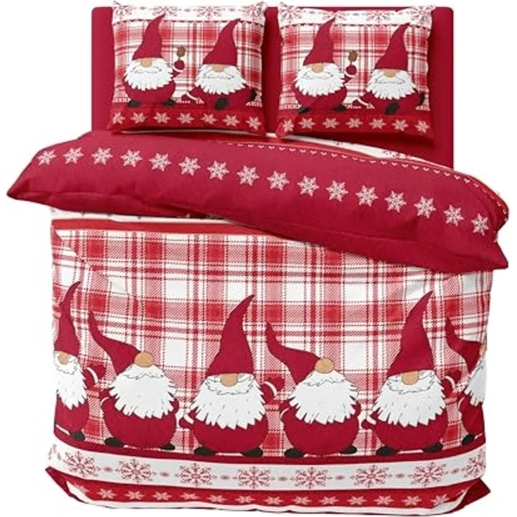 One Home Bettwäsche Wichtel Weihnachten Weihnachtsbettwäsche, Fleece, 3 teilig, Christmas kariert, kuschelig flauschig warm weich Winter Doppelbett – Bild 1