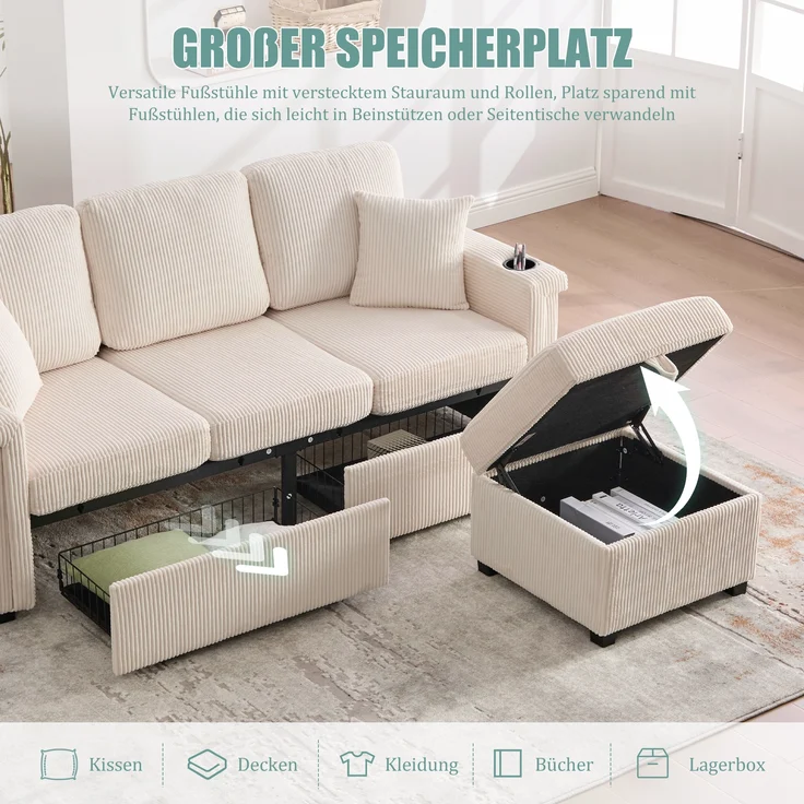 Sofa, Hochwertiges Samtsofa mit LED-Beleuchtung USB-C-Port inklusive Stauraum-Fußteil praktischen Getränkehaltern und Seitentaschen Premium Qualität für Wohnzimmer Schlafzimmer oder Büro, Samt, Beige, – Bild 9