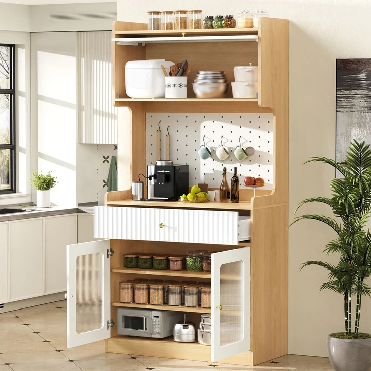 EINHOM Highboard mit verstellbaren Regalböden und Schubladen, Küchenschrank mit LED-Beleuchtung und Riffelglas, Ideal für Esszimmer, Wohnzimmer und Küche (Natur) – Bild 3