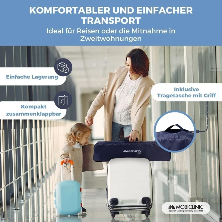 Mobiclinic®, Reisebett, Tragetasche, 2 in 1, Ultrakompakt faltbar, Herausnehmbare matratze, Mofli, Bis zu 15kg, Atmungsaktives gewebe, Seiteneingang mit reißverschluss, Baby laufstall (dunkelblau) – Bild 5