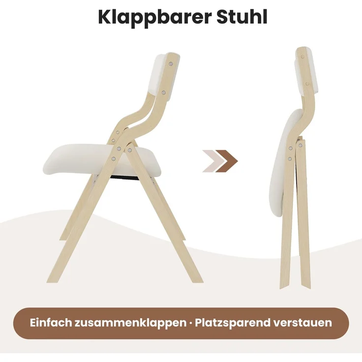 4 klappbare Esszimmerstühle, Esszimmerstühle aus Massivholz, bequem und atmungsaktiv, faltbar und verstaubar, geeignet für Esszimmer, Wohnzimmer, Café, moderner Stil, Leinen, Beige – Bild 5