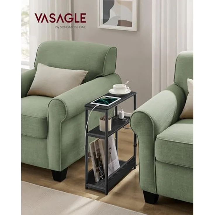 VASAGLE Beistelltisch schmal, Nachttisch mit Ladefunktion, Couchtisch klein, 3 Ablagen, Zeitschriftenhalter, für Wohnzimmer, Schlafzimmer, Arbeitszimmer, ebenholzschwarz-tintenschwarz LET335B02 – Bild 3