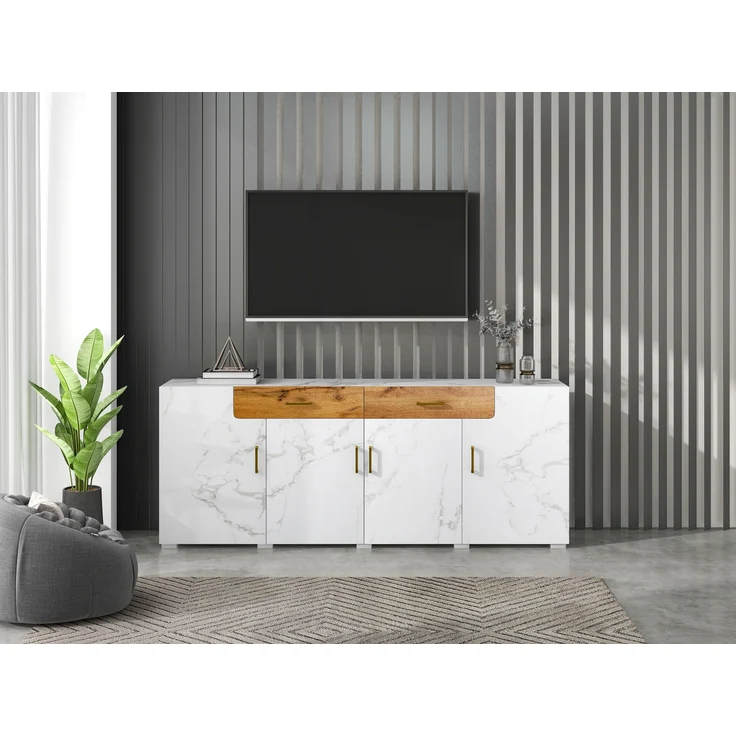 Sideboard, mit 4 Türen, 2 Schubladen & 8 Holzfüßen, 208x39,5x80 cm, Weiß/Braun – Bild 2