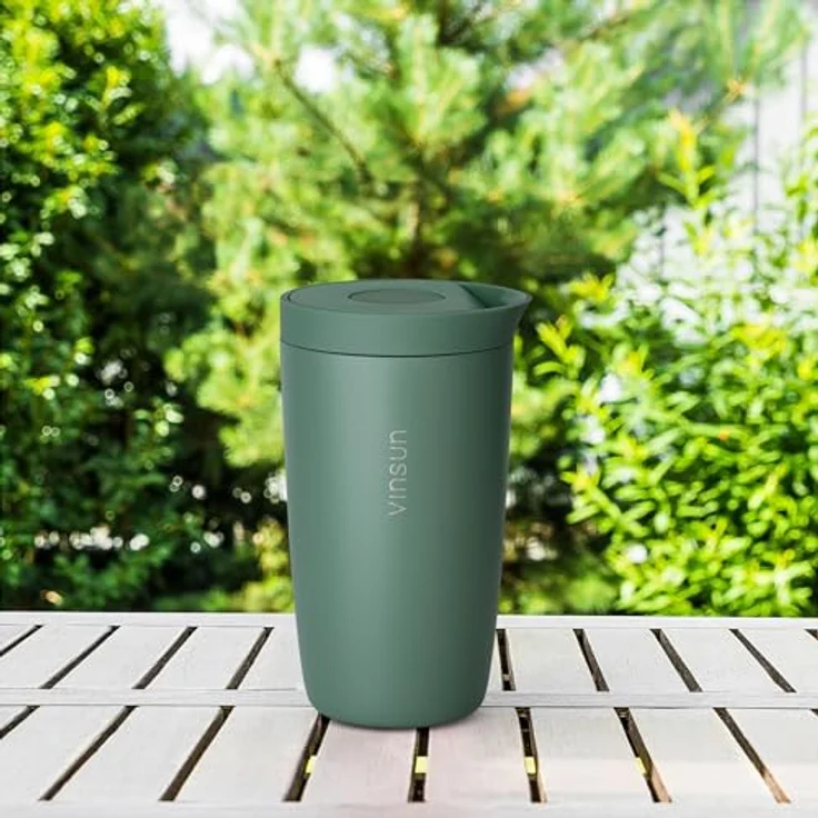 Vinsun Thermobecher Edelstahl Isolierbecher 350ml - Kaffeebecher to Go auslaufsicher, 2-tlg, Edelstahl, Doppelwandig, BPA frei, bruchfest, Einhandbedienung per Knopfdruck – Bild 11